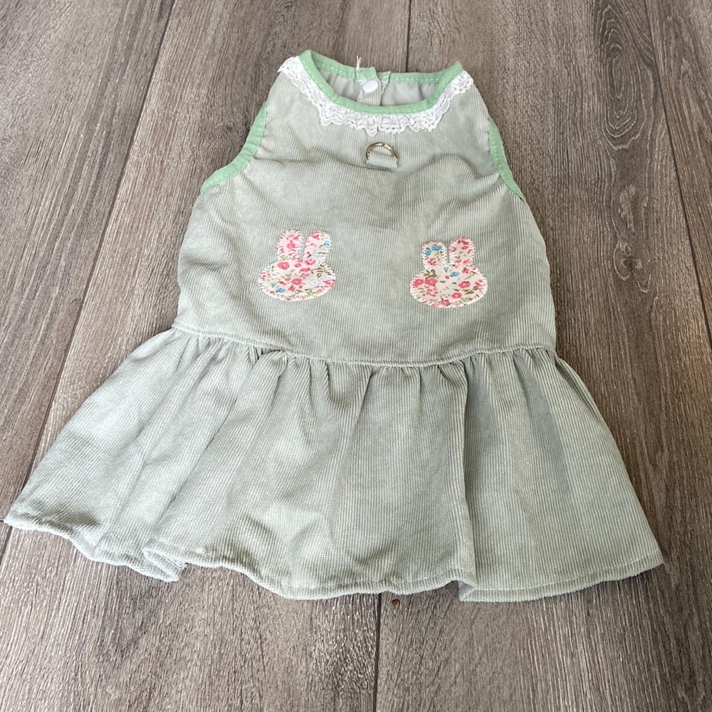 S-M size dog dress with 2 bunnies and lace trimming on the neck BNWT.